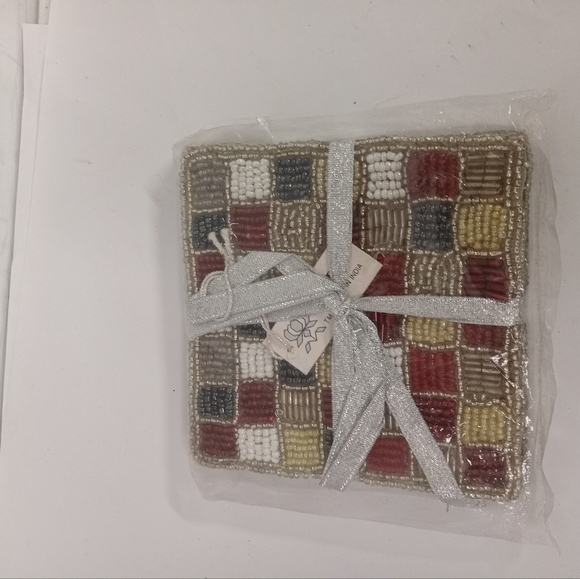 Sudha Set if 4 Handmade Beaded Coasters Checkered cloth back. New - Picture 2 of 5
